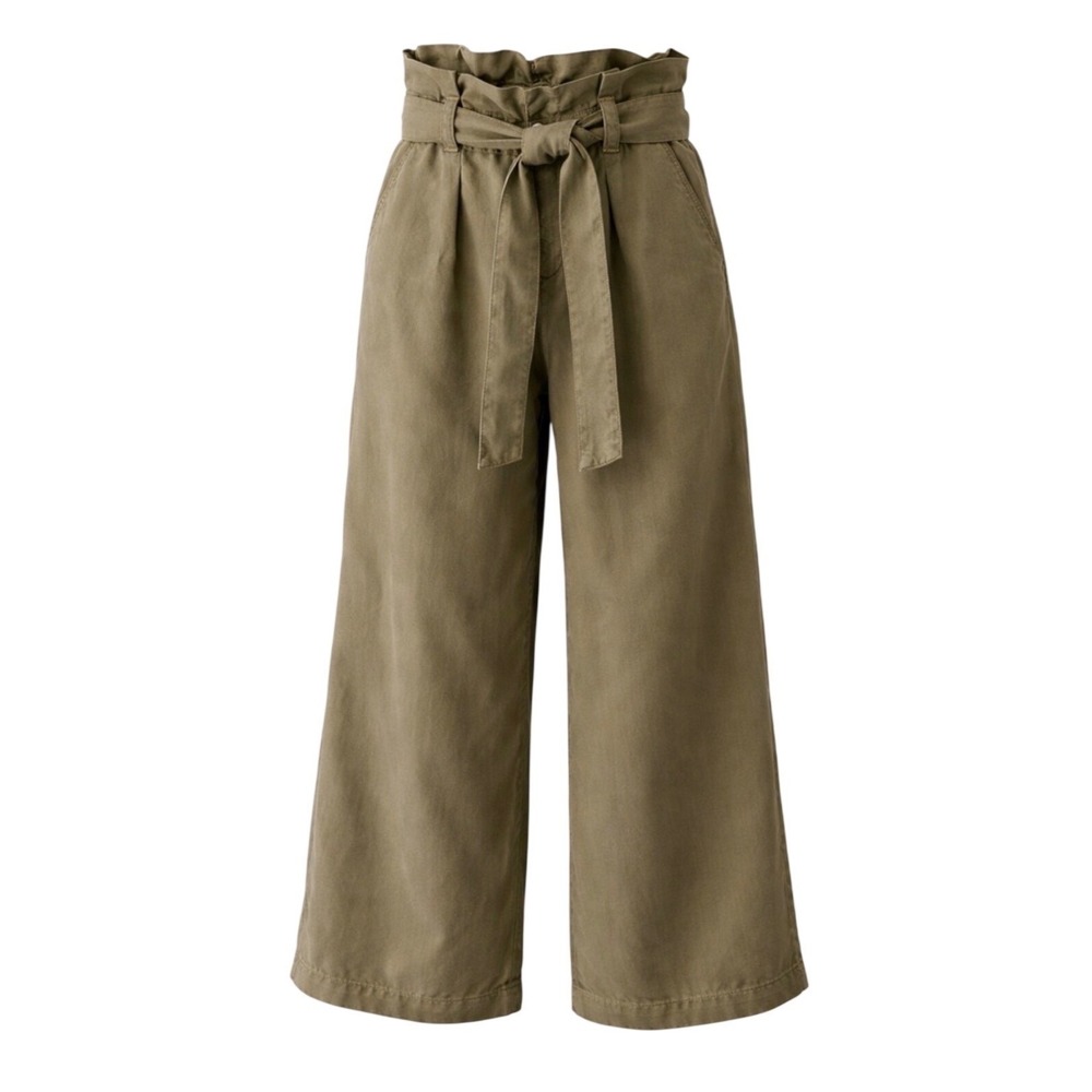 Zara Womens Olive‎ Green Lyocell Paperbag Waist Flowy Wide Leg Tie Belt Pants XS